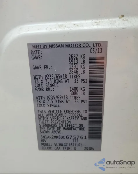 2013 Nissan Pathfinder S из США, поврежденный, VIN 5N1AR2MM8DC675761